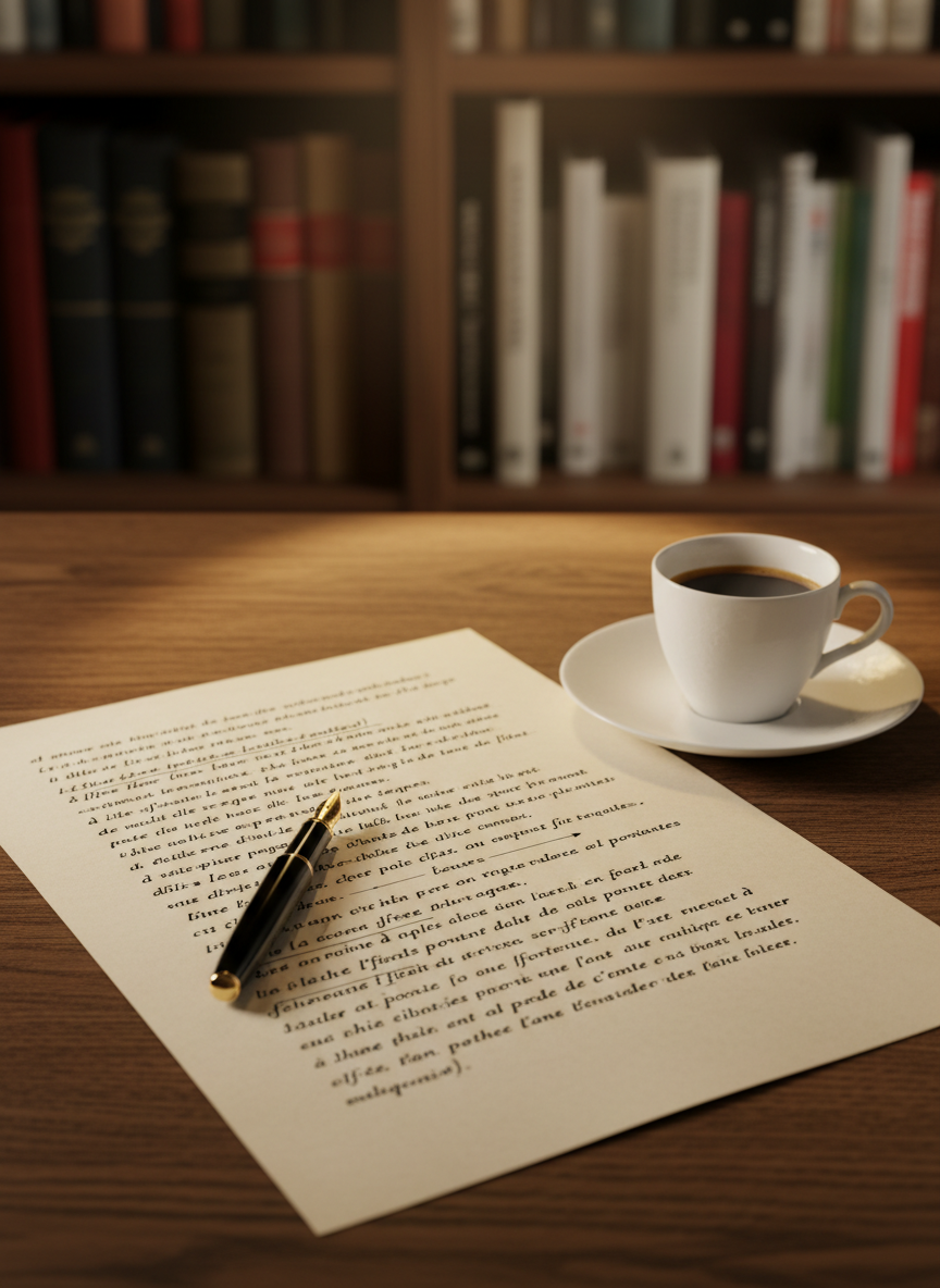 A close-up of a single cream-colored page on a dark oak table, filled with neatly spaced English paragraphs and a few interlined French words, the ink appearing slightly raised and glossy. A black lacquer fountain pen with a gold nib rests diagonally across the margin, beside a delicate porcelain espresso cup on a saucer. The background fades into soft bokeh: an out-of-focus bookshelf with classic literature and modern essay collections. Warm, indirect evening light from a nearby lamp creates a gentle halo on the page and cup. Captured in photographic realism with a shallow depth of field and rule-of-thirds framing, the image feels intimate, intellectual, and quietly sophisticated.