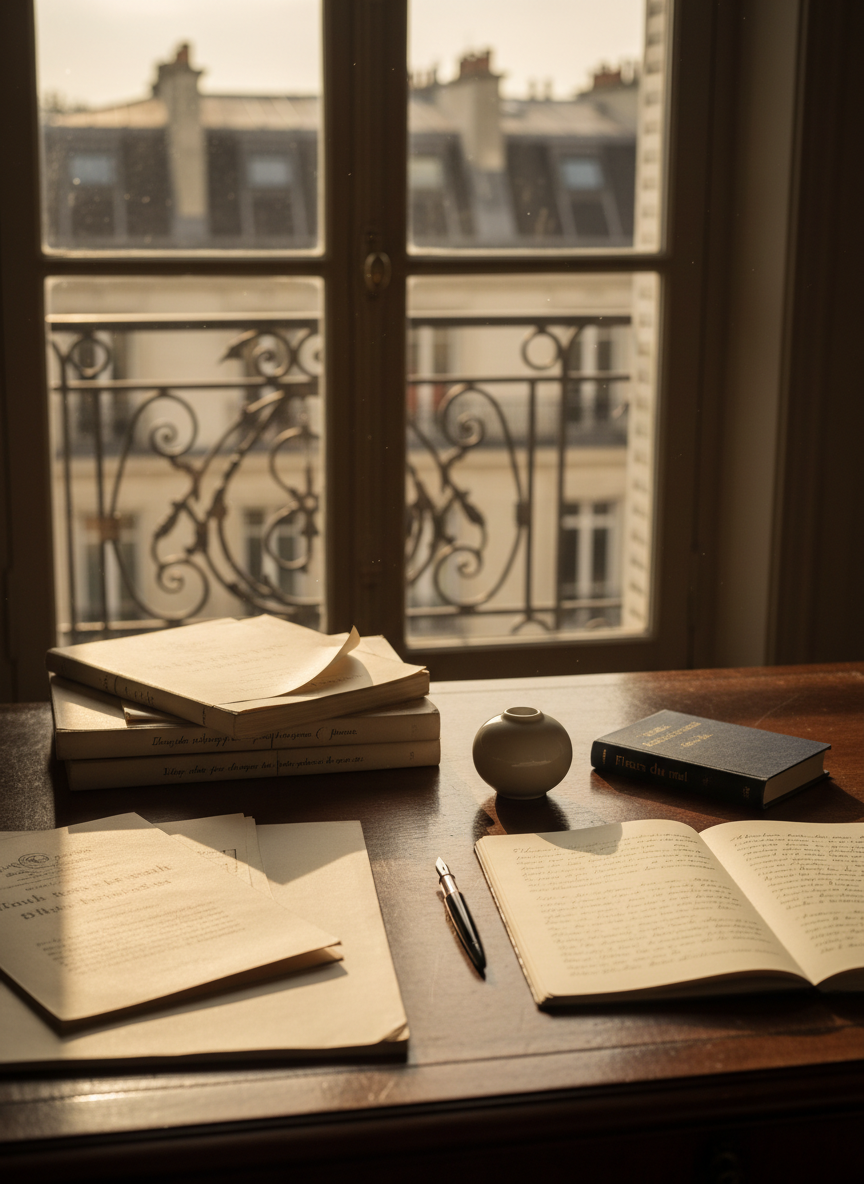 A polished walnut writing desk in a Parisian-style apartment, its surface scattered with neatly stacked English manuscripts and a single open notebook filled with flowing French phrases. A slim black fountain pen rests beside a porcelain ink bottle, next to a small hardcover poetry collection. Beyond the desk, a tall window reveals blurred Haussmann rooftops. Late afternoon light pours in, casting long, refined shadows and a golden sheen on the paper. Shot at eye level with a shallow depth of field, the focus stays on the desk’s textures and pages, creating a sophisticated, photographic realism that evokes the quiet intensity of a French writer at work without showing any human presence.