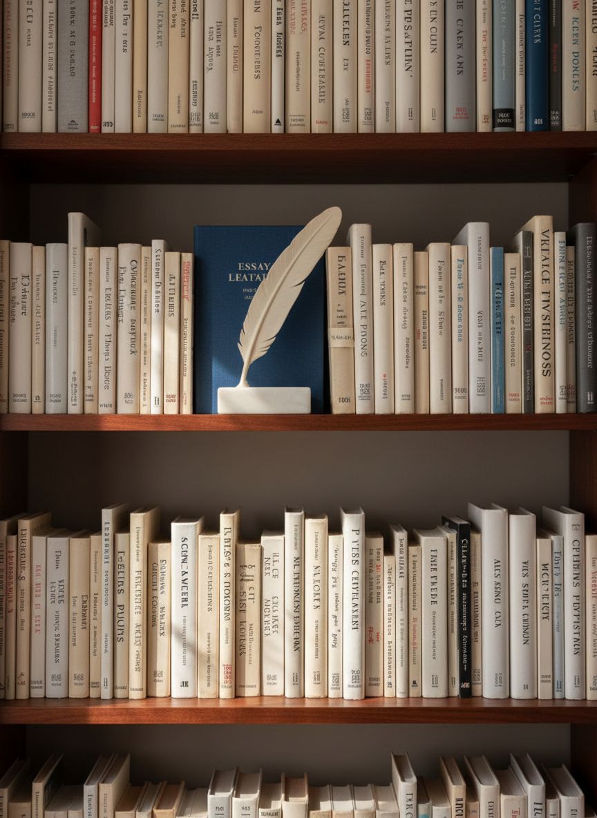 A meticulously arranged bookshelf in a refined home library, filled with a mix of slim poetry volumes and thicker essay collections, their spines in muted tones of ivory, deep blue, and charcoal. Some titles are in English, others in French, but too small to read clearly. On one of the middle shelves rests a small marble bookend shaped like a quill, and a narrow strip of handwritten notes peeks from between two books. Soft morning light filters through an unseen window, grazing the book spines and creating subtle gradients of light and shadow. Photographed straight-on with sharp focus throughout, the atmosphere is orderly, cultured, and distinctly literary, reflecting the dual-language world of a French writer and poet.