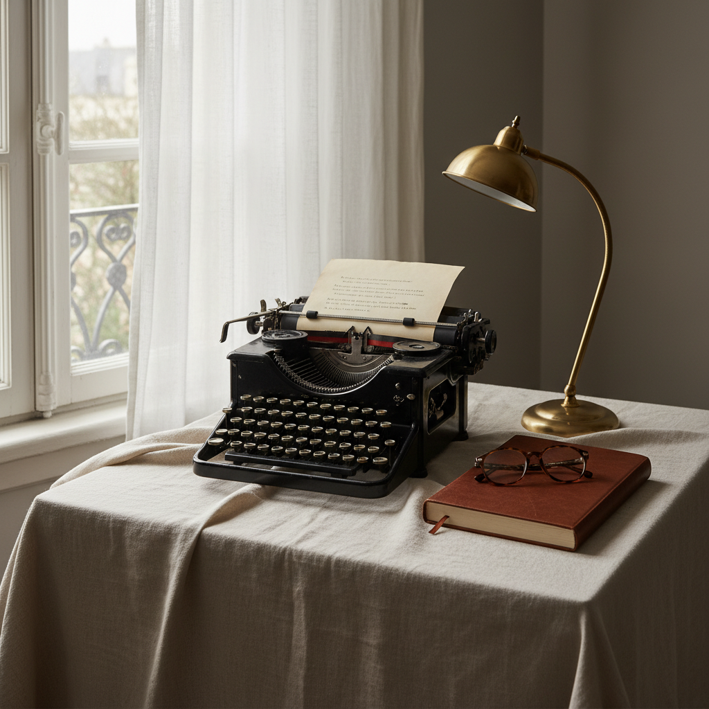 An elegant still life of a vintage typewriter on a linen-draped table, a half-rolled sheet of English prose emerging from the carriage, with a few lines of faint, unreadable text. Beside it lie a leather-bound French poetry notebook, a slim brass reading lamp, and a pair of tortoiseshell reading glasses. The scene is set near a tall window, where soft overcast daylight diffuses across the objects, creating fine highlights on metal keys and gentle shadows in the fabric folds. Photographed from a slightly elevated angle with a balanced composition, the mood is contemplative, literary, and distinctly European, emphasizing the refined voice of a French writer and poet.