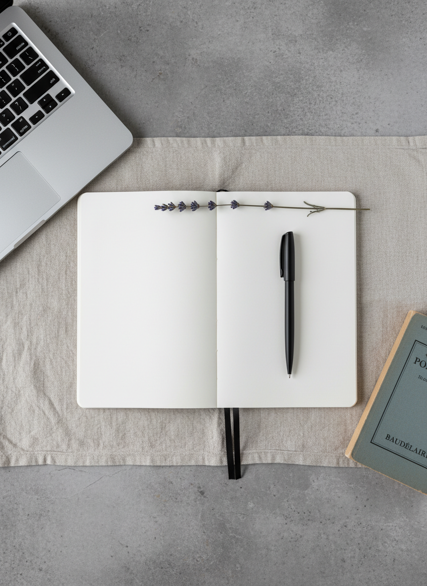An overhead photographic view of a minimalist writing ritual: a slender notebook open to a blank page, a smooth black pen placed precisely along its spine, and a single sprig of dried lavender laid across the top edge. The notebook rests on a textured linen cloth atop a stone-grey table. To one side, a closed laptop with a subtle brushed-metal finish suggests modern essay writing, while a slim paperback of French poetry lies slightly askew on the other. Soft, diffused natural light from above eliminates harsh shadows, creating a calm, contemplative mood. The composition is clean and balanced, conveying sophistication and the quiet discipline of a contemporary French author writing in English.